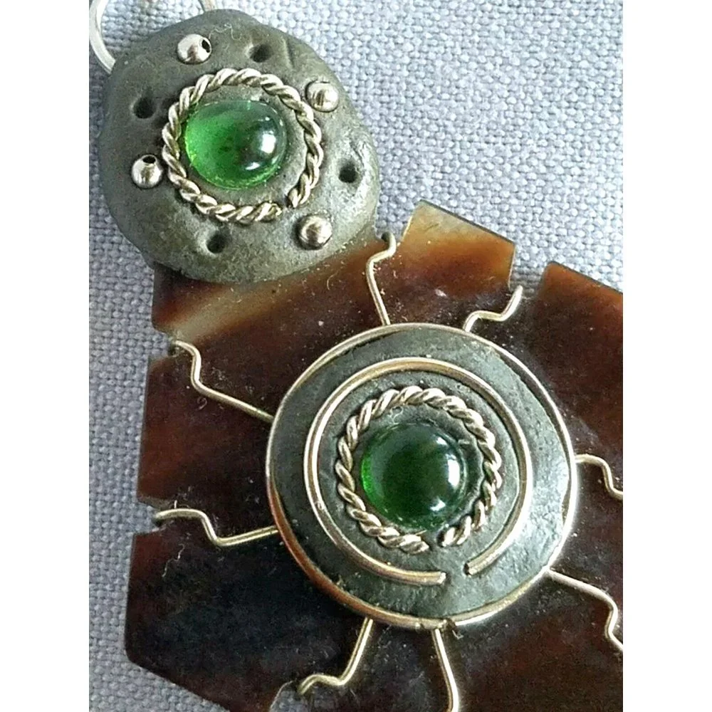 Vintage Mexican Style horn w/silver wire pendant Green glass Cabochons handmade